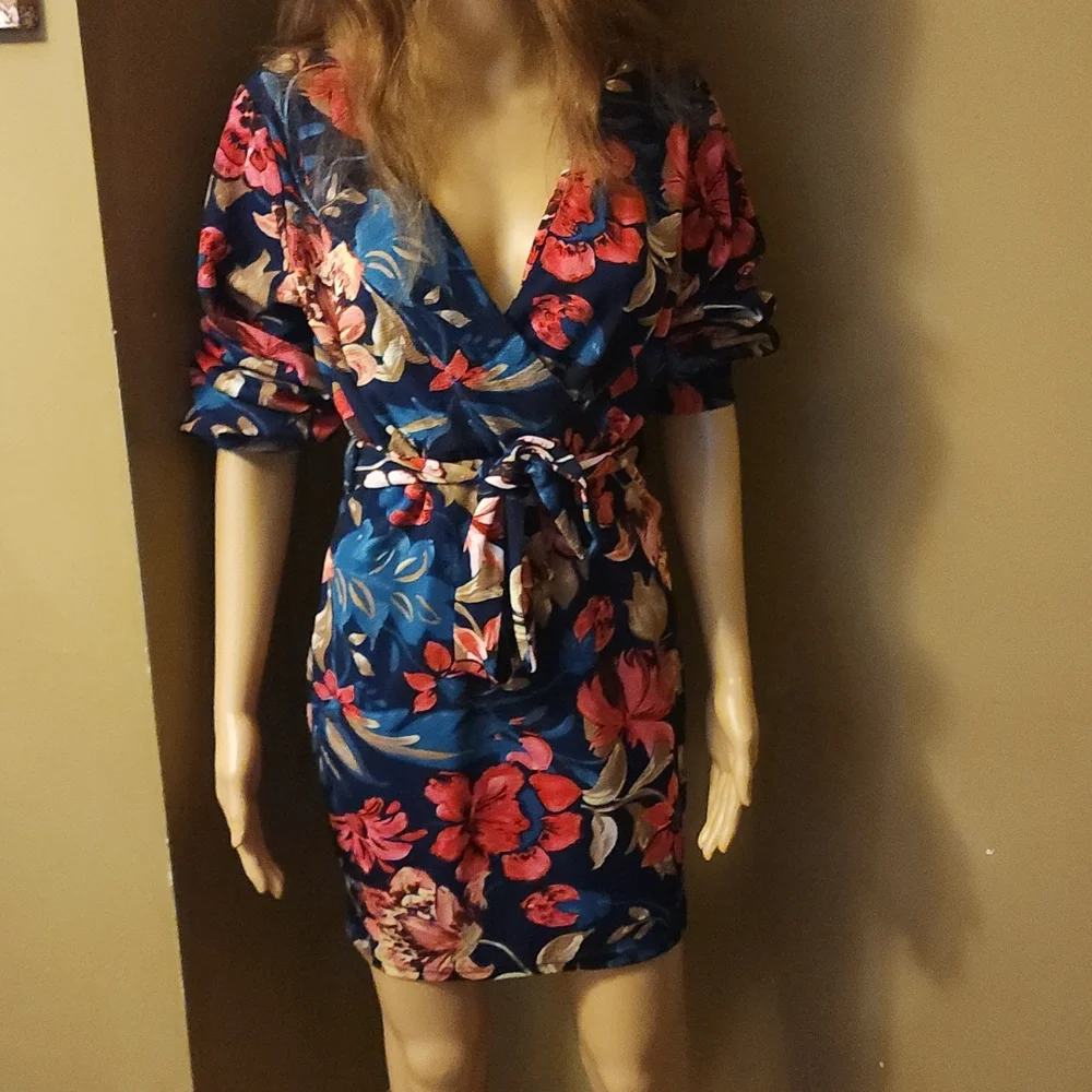 Floral Print, Self-Tie Sash, Mini Dress, Small, Navy - Picture 4 of 8